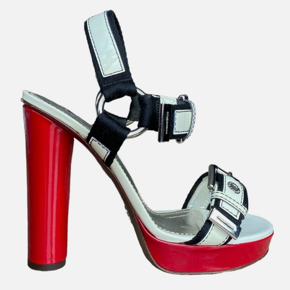 DOLCE & GABBANA Buckle Patent Leather Platform Sandal Heels in red white & black